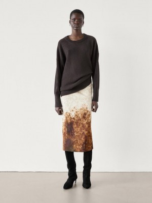 Massimo Dutti Abstract Print Midi Women Skirts Beige / Brown | US-HQ4172860
