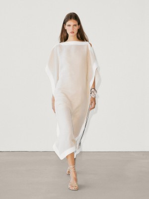 Massimo Dutti Aftan Midi With Contrast Trims Women Dress Beige | US-RI1458627