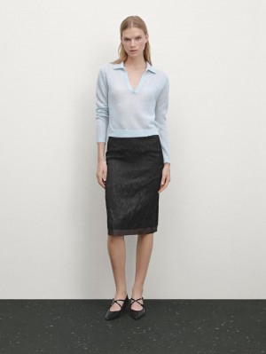 Massimo Dutti Alpaca Blend Knit Polo Collar Women Sweater Light Blue | US-DX9357128