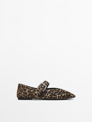 Massimo Dutti Animal Print With Buckle Women Ballet Flats Leopard | US-QX8742593