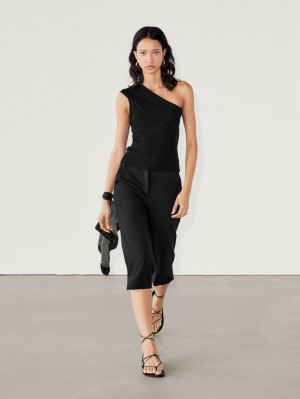 Massimo Dutti Asymmetric Ribbed Knit Women Top Black | US-YM7481965
