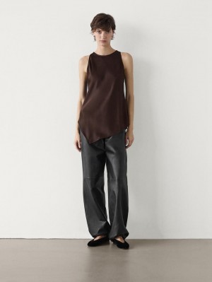 Massimo Dutti Asymmetric Satin Women Top Dark Brown | US-NR5084123
