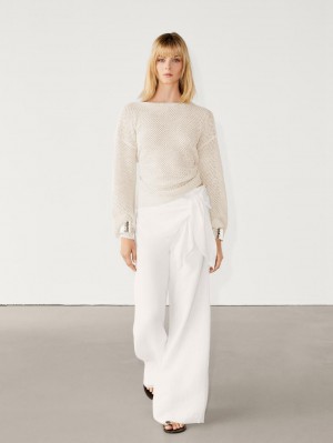 Massimo Dutti Boat Neck Open Knit Women Sweater Cream | US-PN3452806