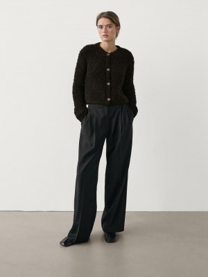Massimo Dutti Bouclé With Rhinestone Button Women Cardigan Dark Brown | US-XU0635287