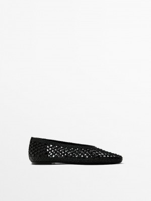 Massimo Dutti Braided Leather Women Ballet Flats Black | US-WY8726109