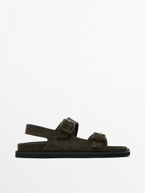 Massimo Dutti Buckle Split-leather Men Sandals Dark Olive | US-VW9863704