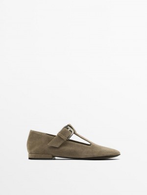 Massimo Dutti Buckled Strap Women Flat Shoes Khaki | US-PI1463972