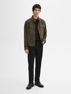 Massimo Dutti Buttoned Suede Men Leather Jacket Khaki | US-IN2680349
