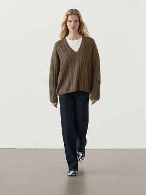 Massimo Dutti Cable-knit V-neck Women Sweater Toffee | US-BX2015396