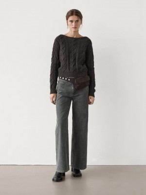 Massimo Dutti Cable-knit Wool Blend Women Sweater Dark Brown | US-DW1386740