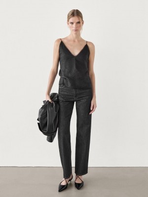 Massimo Dutti Camisole With Semi-sheer Detail Women Top Black | US-RO7932504