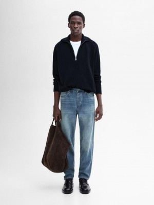 Massimo Dutti Cashmere Blend Mock Neck Men Sweater Navy | US-TO3268415