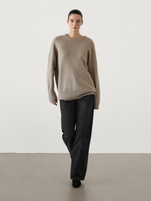 Massimo Dutti Cashmere Crew Neck Women Sweater Khaki | US-ZG7943502