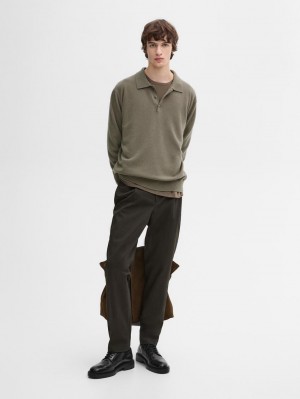 Massimo Dutti Cashmere Knit Polo Collar Men Sweater Khaki | US-MH8653170