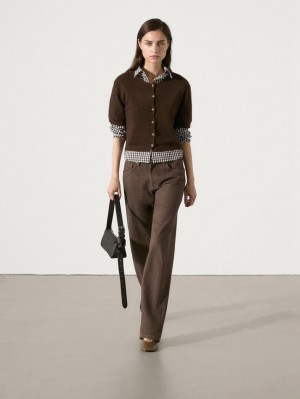 Massimo Dutti Cashmere Knit Short Sleeve Women Cardigan Brown | US-IT2147986