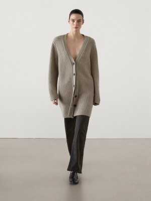 Massimo Dutti Cashmere Long Purl Knit Women Cardigan Light Khaki | US-HA9378240
