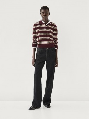 Massimo Dutti Cashmere Striped Knit Polo Women Sweater Burgundy | US-TN2015948