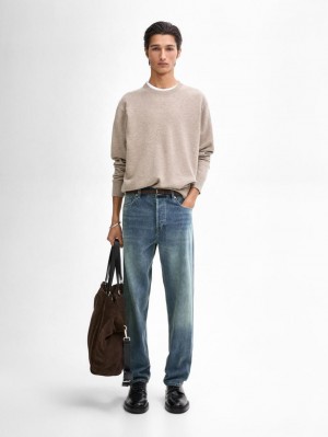 Massimo Dutti Cashmere Wool Round Neck Men Sweater Beige | US-GP0168942