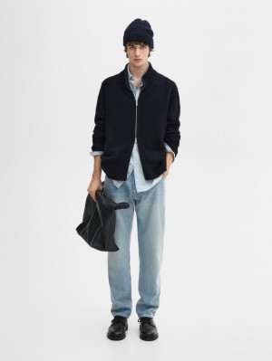 Massimo Dutti Cashmere Zip Bomber Men Cardigan Navy | US-JK6301782