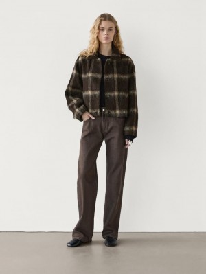 Massimo Dutti Check With Fabric Detail Women Jacket Dark Brown | US-BL9846015