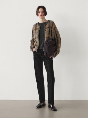 Massimo Dutti Check Wool And Alpaca Blend Women Cardigan Camel | US-BA4128576