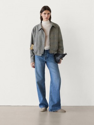 Massimo Dutti Checked Women Bomber Jacket Grey | US-YA5496132