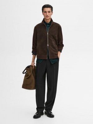 Massimo Dutti Contrast Knit Suede Leather Men Jacket Dark Brown | US-TV2463017