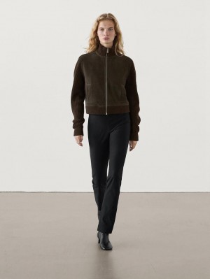 Massimo Dutti Contrast Leather Wool Blend Women Jacket Dark Brown | US-QA0961758