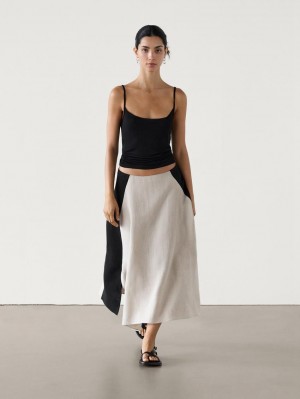 Massimo Dutti Contrast Linen Flared Midi Women Skirts Beige | US-OU8653217