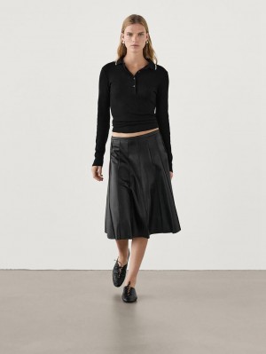 Massimo Dutti Contrast Polo Collar Women T-Shirt Black | US-UY1643875
