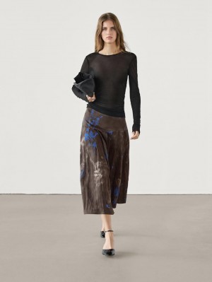 Massimo Dutti Contrast Print Midi Women Skirts Dark Brown / Blue | US-FT9067183