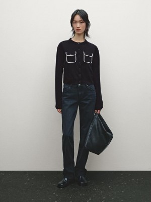 Massimo Dutti Contrast Trim With Pockets Women Cardigan Navy | US-KF6548107