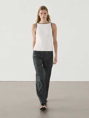 Massimo Dutti Contrast Trim Women T-Shirt White | US-SU1098524