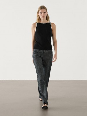 Massimo Dutti Contrast Trim Women T-Shirt Black | US-HO3794628