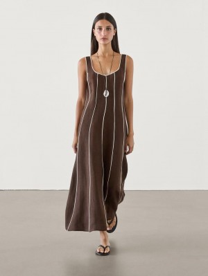 Massimo Dutti Contrast Two-tone Striped Midi Women Dress Chocolate | US-KA7968301