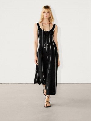 Massimo Dutti Contrast Two-tone Striped Midi Women Dress Black | US-ID9240178