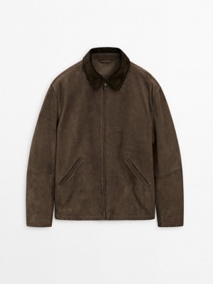 Massimo Dutti Corduroy Detail Men Leather Jacket Brown | US-QU5368749