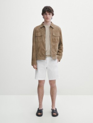 Massimo Dutti Cotton And Linen Blend Drawstring Bermuda Men Shorts White | US-EX3476095