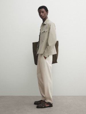 Massimo Dutti Cotton And Linen Blend Tapered Fit Men Trousers Light Beige | US-SG7815496