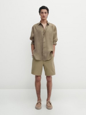 Massimo Dutti Cotton Bermuda Shorts Men Trousers Khaki | US-VK6103758