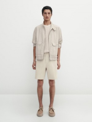 Massimo Dutti Cotton Bermuda Shorts Men Trousers Light Beige | US-WJ2038165
