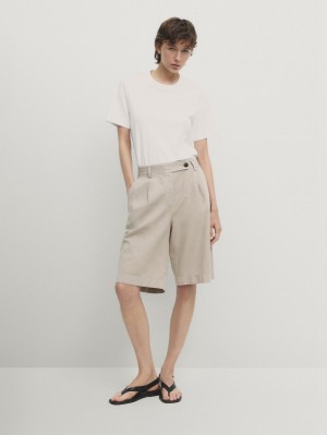 Massimo Dutti Cotton Blend Bermuda With Darts Women Shorts Beige | US-WI6048729