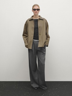 Massimo Dutti Cotton Blend Cape With Pockets Women Jacket Olive | US-FN9452703