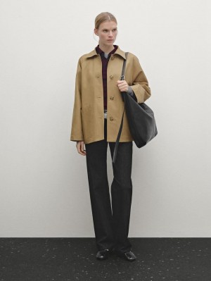 Massimo Dutti Cotton Blend Cape With Pockets Women Jacket Brown | US-DN4389562