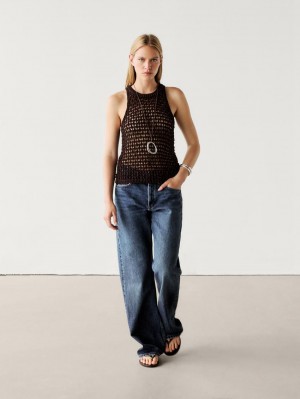 Massimo Dutti Cotton Blend Cutwork Women Top Dark Brown | US-NX5871469