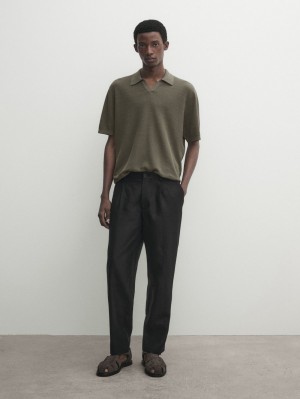 Massimo Dutti Cotton Blend Knit Men Polo Shirt Dark Green | US-BW8346205