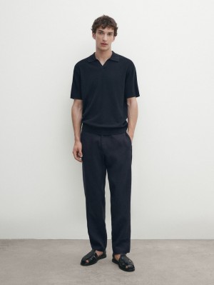 Massimo Dutti Cotton Blend Knit Men Polo Shirt Navy | US-CW5032879