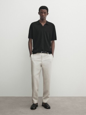 Massimo Dutti Cotton Blend Knit Men Polo Shirt Black | US-SJ5274803