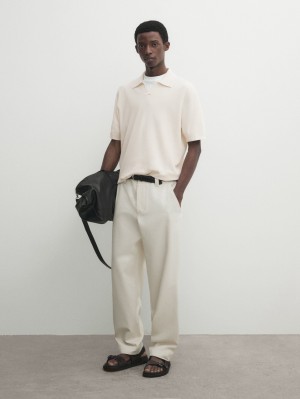Massimo Dutti Cotton Blend Knit Men Polo Shirt Cream | US-BD5238196