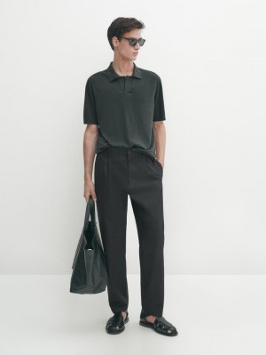 Massimo Dutti Cotton Blend Knit Men Polo Shirt Dark Green | US-XE3129850
